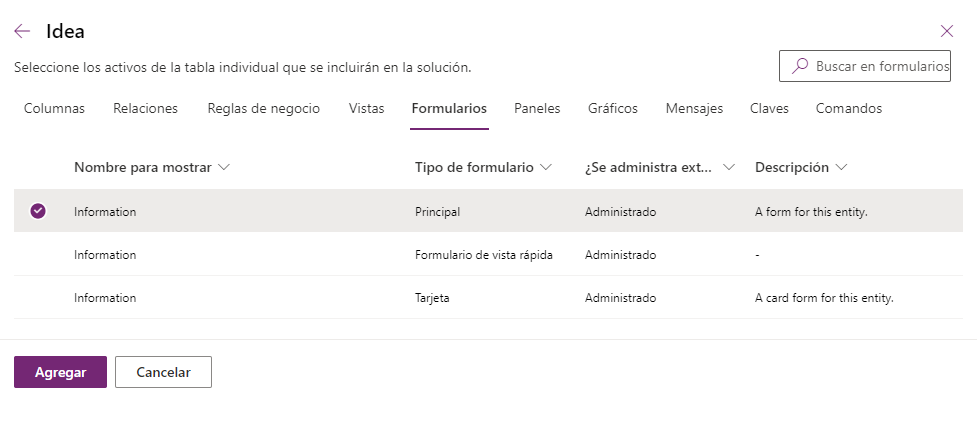 Captura de pantalla de la ventana para agregar componentes