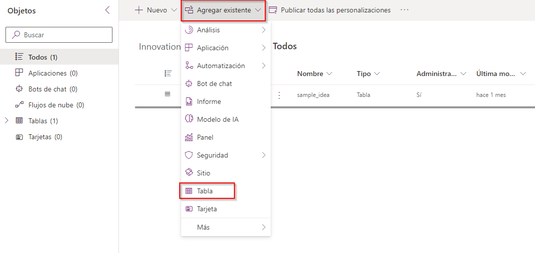 Captura de pantalla del menú Agregar tabla existente a solución