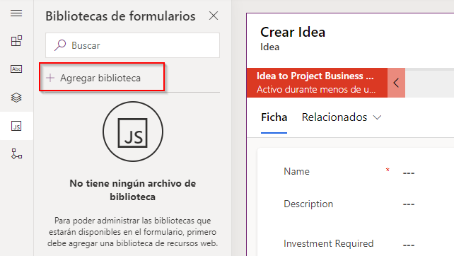 Captura de pantalla del botón de agregar una biblioteca al formulario