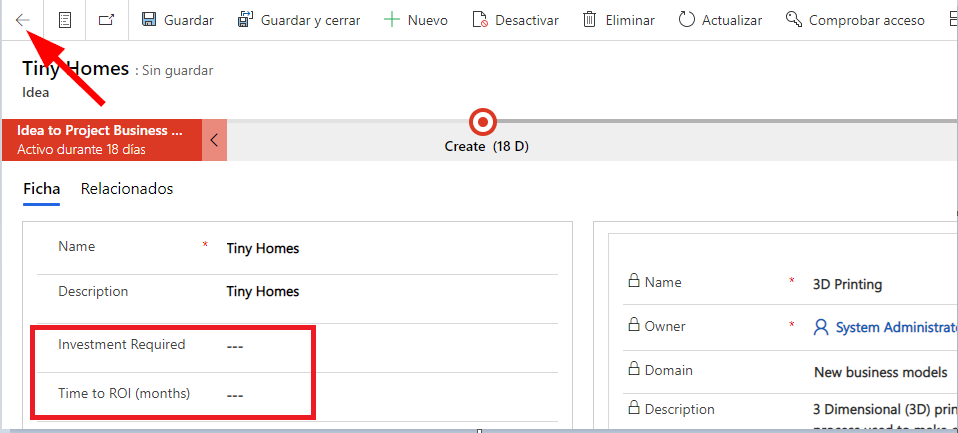 Captura de pantalla del botón Atrás en la parte superior izquierda