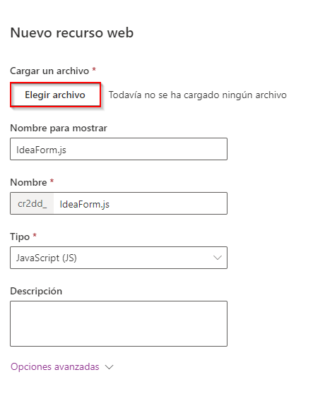 Captura de pantalla del botón de elegir archivo de recurso web