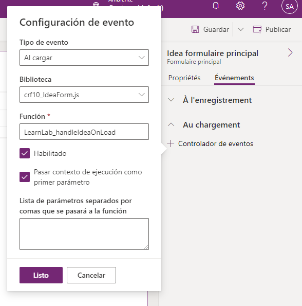 Captura de pantalla de la ventana para configurar evento