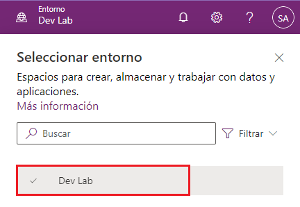 Captura de pantalla del nombre del entorno del laboratorio de desarrollo