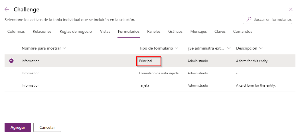Captura de pantalla de la pestaña Formularios con el formulario de información seleccionado como principal