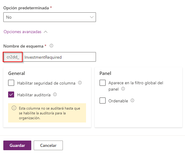 Captura de pantalla del campo Nombre con el prefijo resaltado
