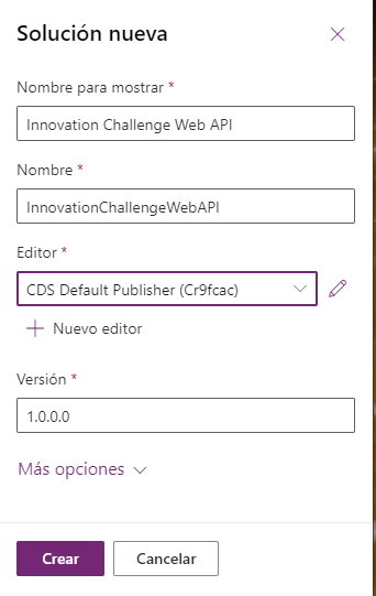 Captura de pantalla de la nueva ventana Solución con propiedades