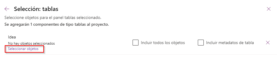 Captura de pantalla del botón de selección de componentes