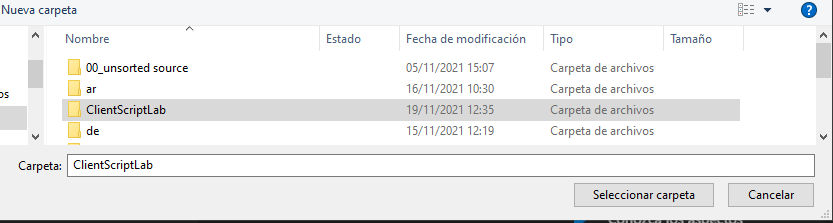 Captura de pantalla de la carpeta de laboratorio de script de cliente y el botón Seleccionar carpeta