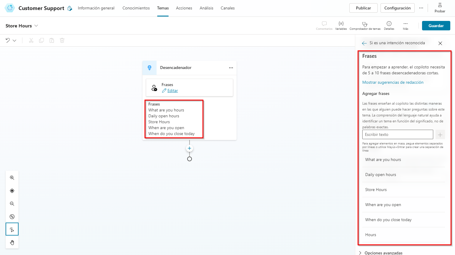 Captura de pantalla del proceso de creación de temas en el panel de navegación.