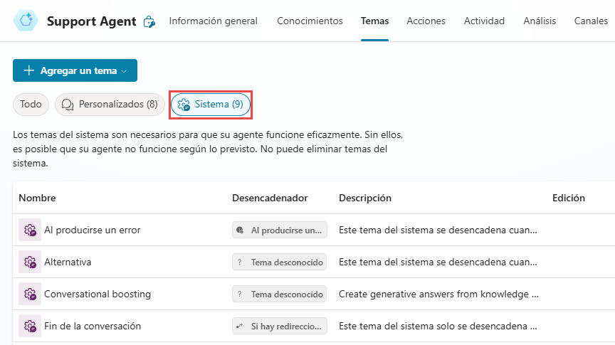 Captura de pantalla de la pestaña del sistema que muestra desencadenadores y estados