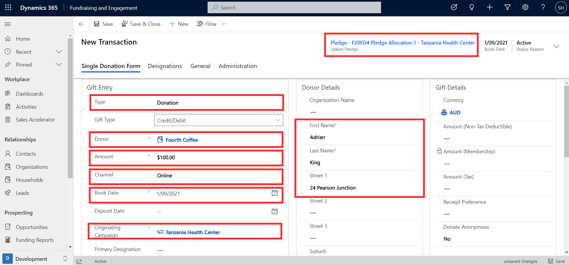 Screenshot of Dynamics 365 Fundraising and Engagement New Transaction with the link to the corresponding pledge record highlighted.