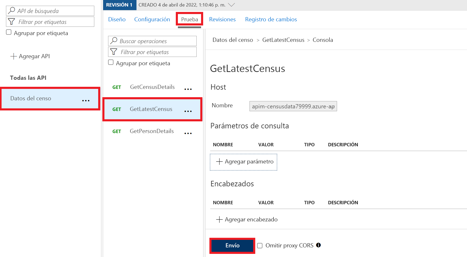 Screenshot of the test screen for the GetLatestCensus operation of the Census Data API. The Send button is highlighted.