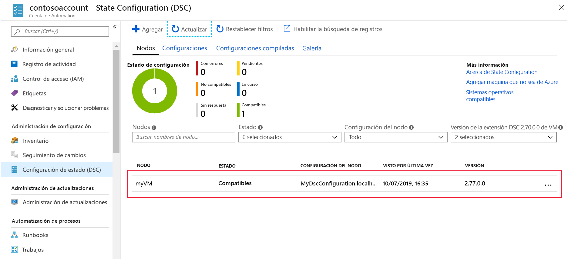 Captura de pantalla de Azure Portal en la que se muestra el panel Nodos con myVM registrada.