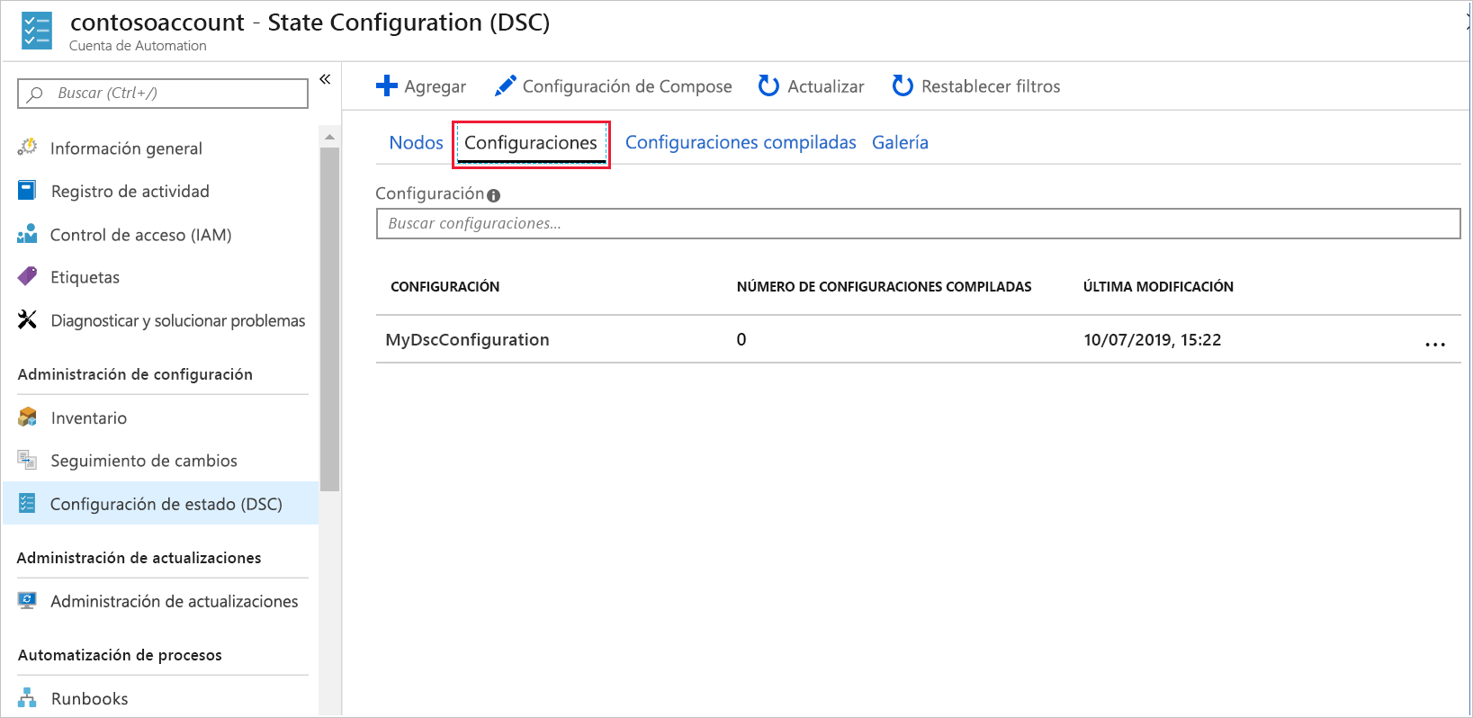 Screenshot of the Azure portal, showing the state configurations available on the State configuration (DSC) pane.