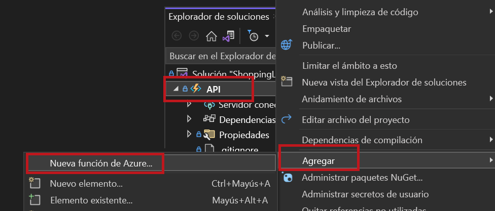 Captura de pantalla que muestra cómo crear el elemento de función de Azure.