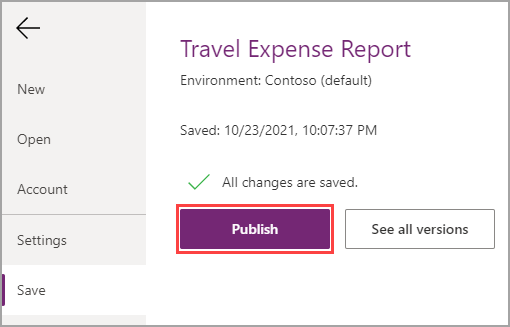 Captura de pantalla del menú Microsoft Power Apps, que muestra la aplicación Informe de gastos de viaje con la opción Publicar resaltada