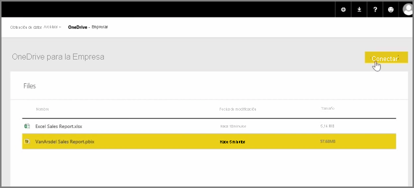 Captura de pantalla de OneDrive para la empresa donde se selecciona un archivo PBIX