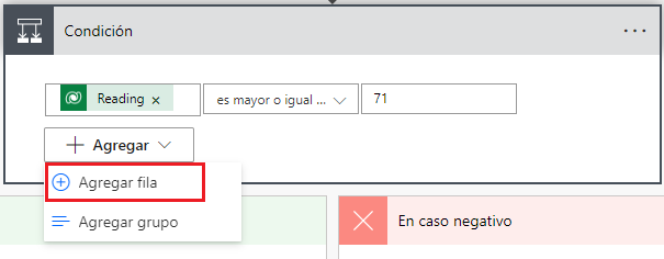 Captura de pantalla del valor Reading establecido en 71 y de la característica Agregar fila