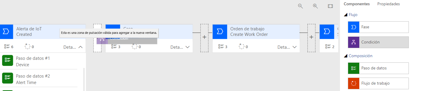 Captura de pantalla de la pestaña Componentes con el componente Condición a la derecha de la alerta de IoT creada.