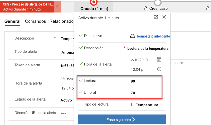 Captura de pantalla de la etapa Creado con Reading y Umbral resaltados