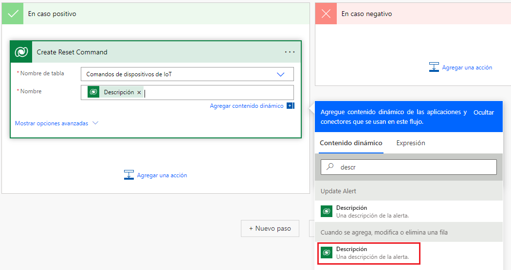 Captura de pantalla de Description del dispositivo de IoT en Cuando se crea, actualiza o elimina un registro