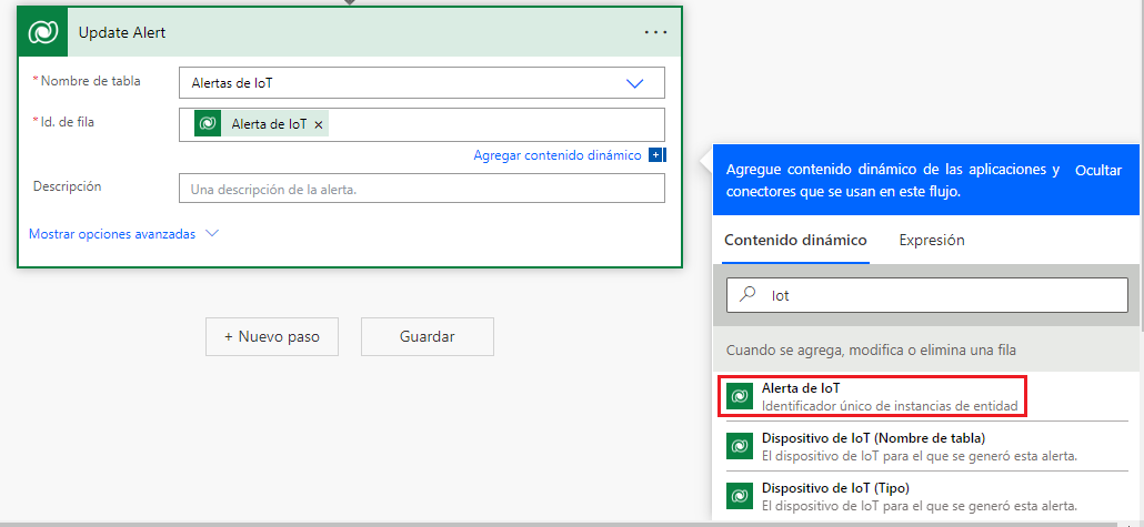 Captura de pantalla de IoT Alert en el panel de contenido dinámico