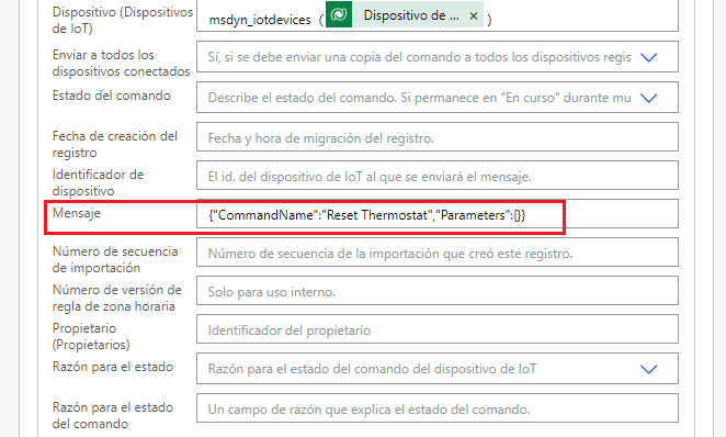 Captura de pantalla del JSON pegado en el campo Mensaje