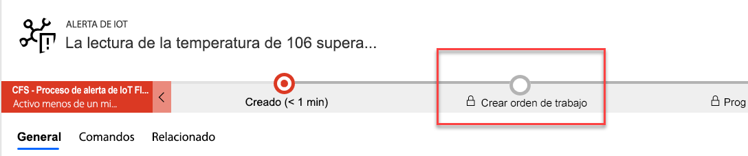 Captura de pantalla de la fase Crear orden de trabajo con la fase Crear caso omitida