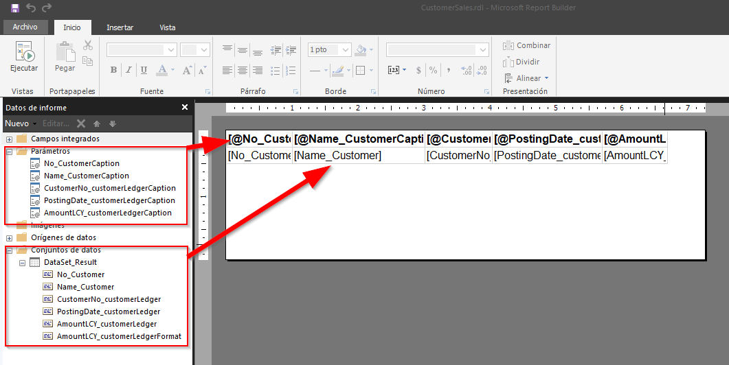 Captura de pantalla del diseño del informe CustomerSales