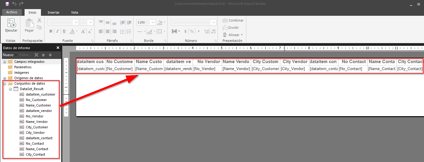 Captura de pantalla del diseño de extensión del informe Customer y Vendor