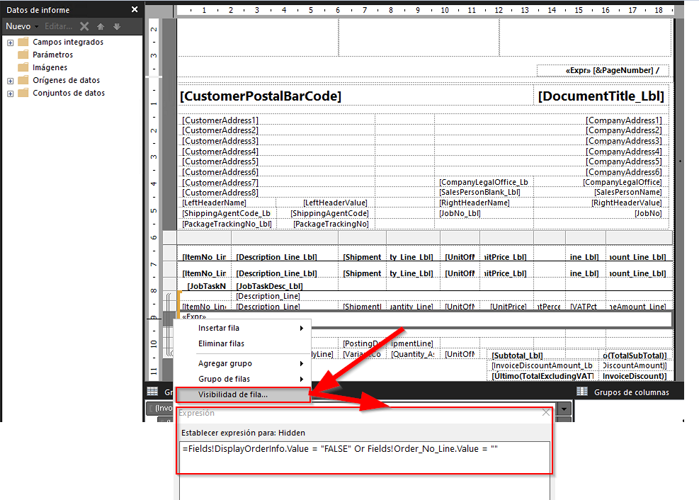 Captura de pantalla de las expresiones New Details Row y Row Visibility en la tabla