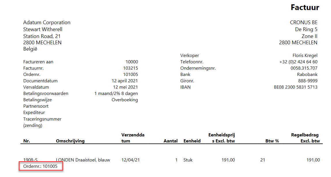 Captura de pantalla de los datos incluidos en el campo Número de pedido de compra del informe Standard Sales - Invoice