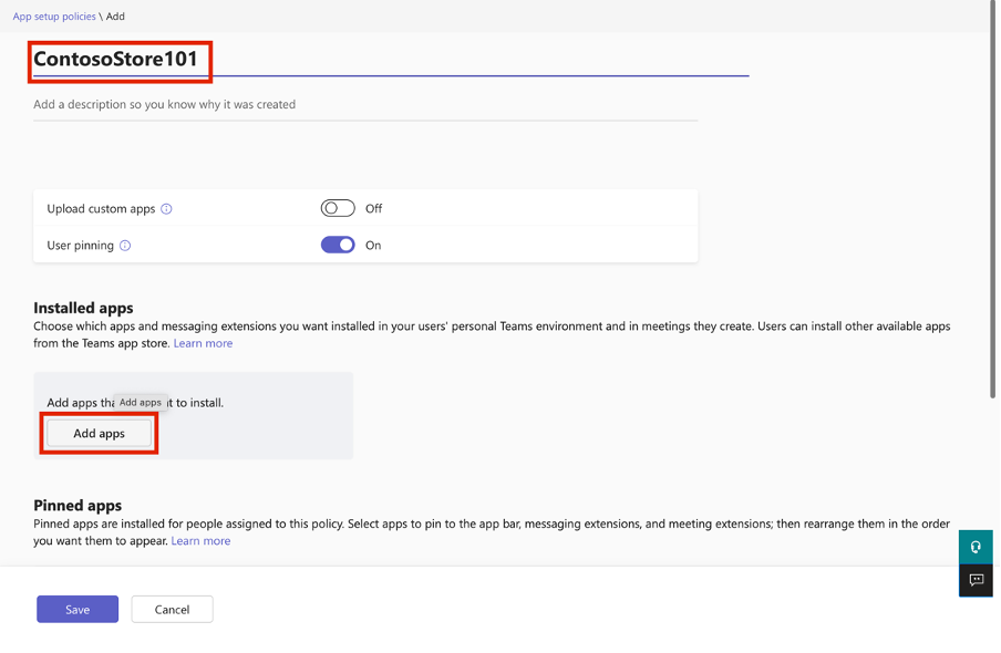 Screenshot of the Add apps button in the Installed apps area.