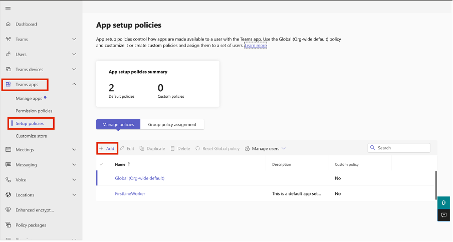 Screenshot of the Add policy button.