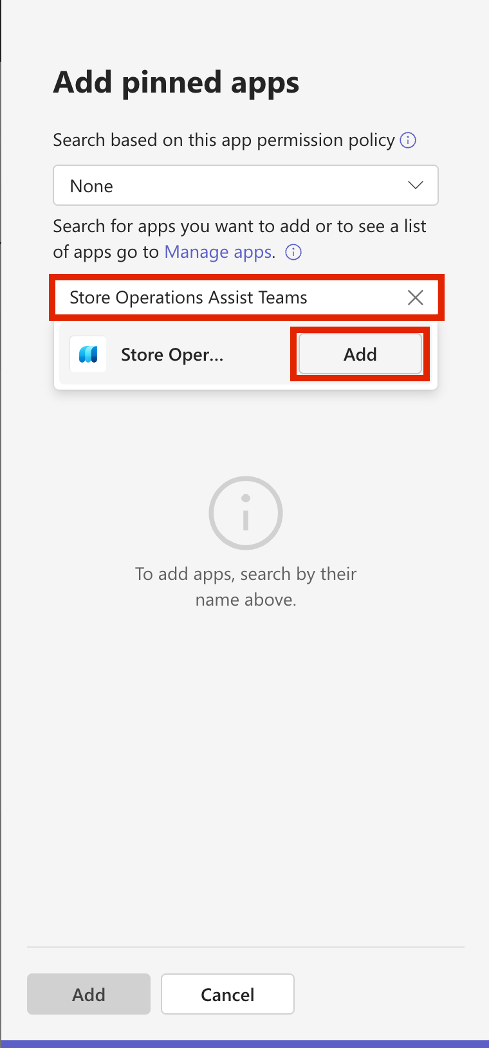 Screenshot of the apps to add button.