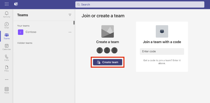 Screenshot of the Create team button.