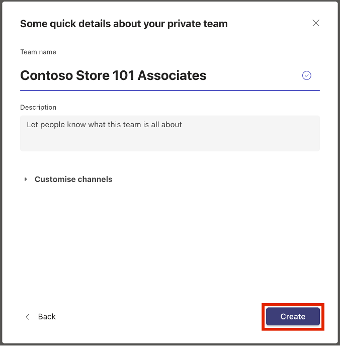 Screenshot of the Create button on the details pane.