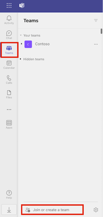 Screenshot of Teams with the option to join or create teams.