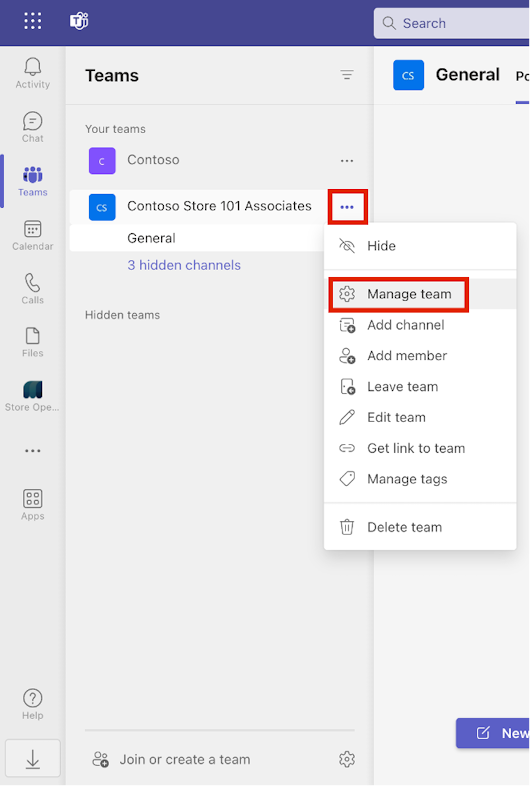 Screenshot of the Manage team option from the dropdown menu.