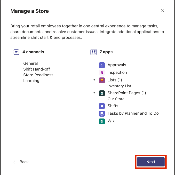 Screenshot of the Next button in the Manage a Store pane.
