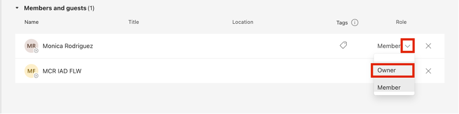 Screenshot of the Member role being changed to Owner.