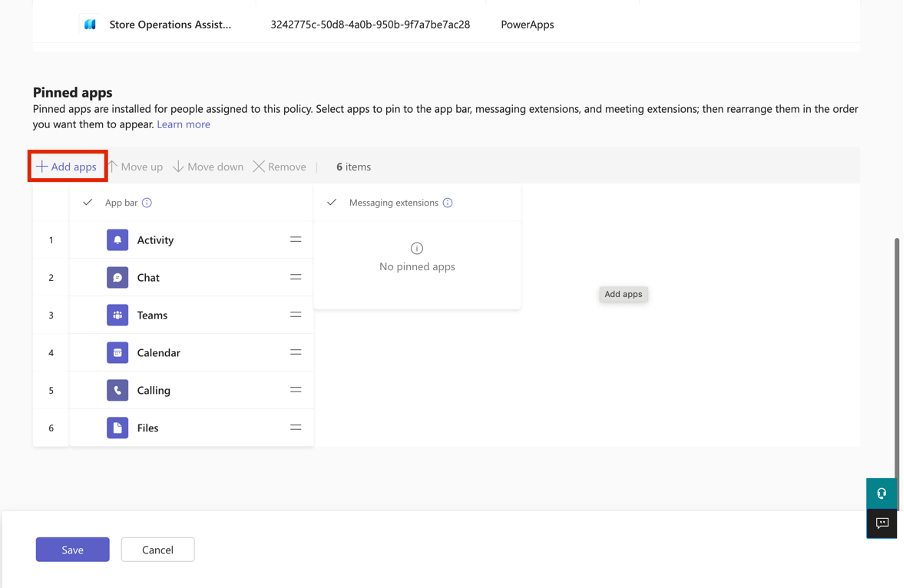 Screenshot of Pinned apps with the Add apps button.