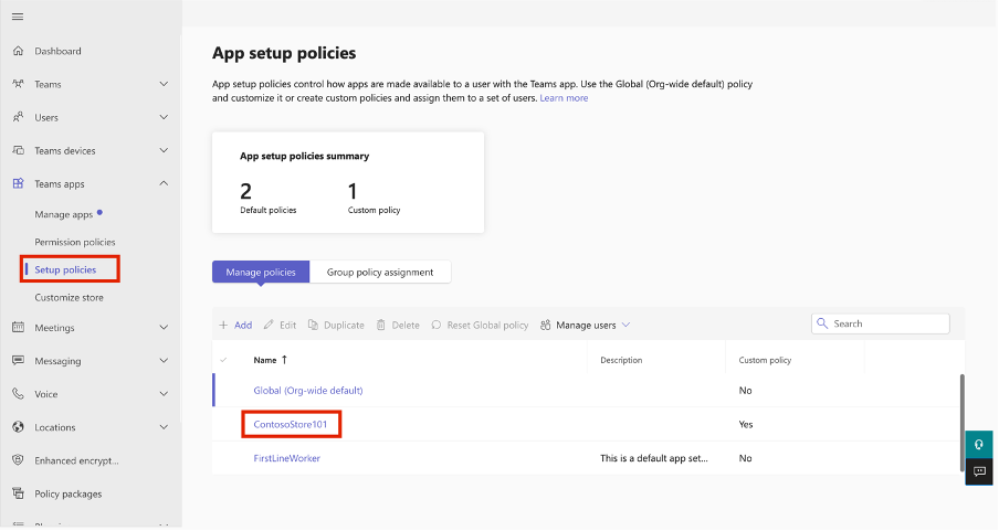 Screenshot of the App setup policies page.