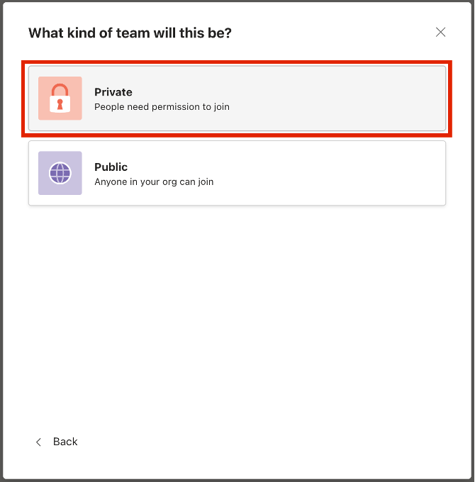 Screenshot of the team being set to Private.