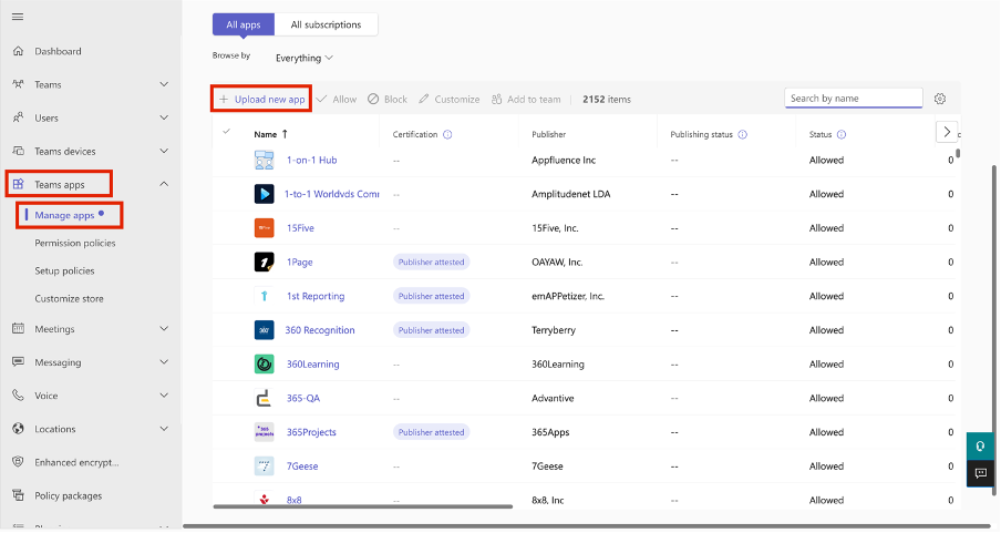 Screenshot of the Upload new app button.