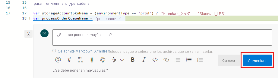 Captura de pantalla de Azure DevOps que muestra el campo de comentarios, con el botón Comentario resaltado.