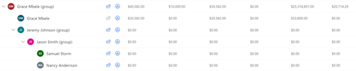 Captura de pantalla de una previsión basada en usuario, con filas primarias de valor cero duplicadas ocultas