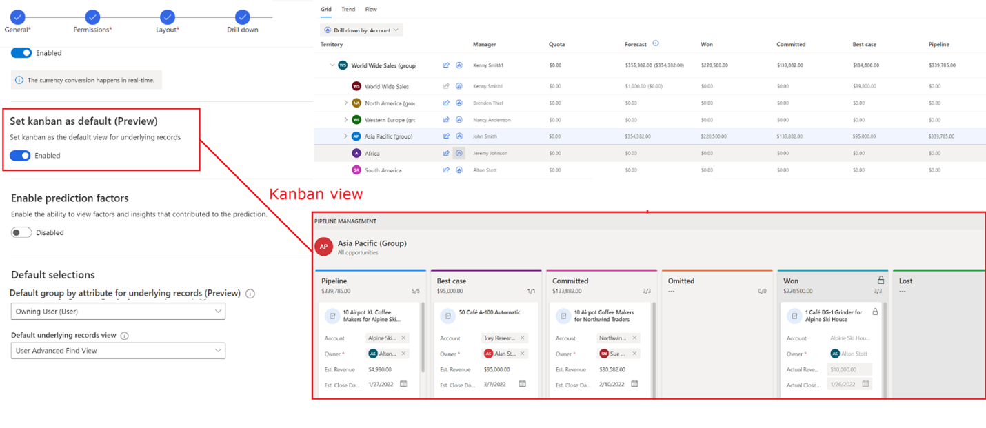 Captura de pantalla de una previsión con kanban establecido como la vista predeterminada y los registros subyacentes mostrados en la vista Kanban