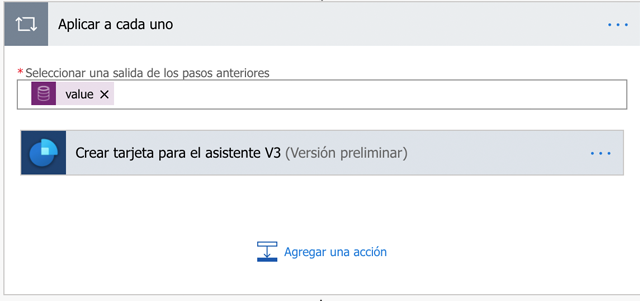Agregue una acción y elija Crear tarjeta para asistente V3.