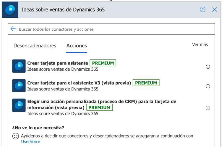 La pestaña Acciones de Dynamics 365 Sales Insights muestra Crear tarjeta para el asistente V3 (versión preliminar).